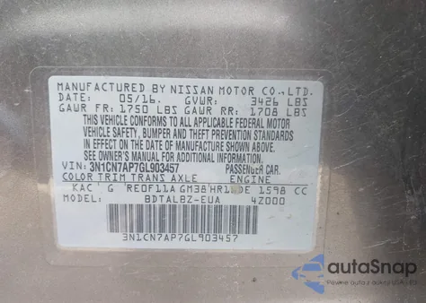 2016 Nissan Versa 1.6 S/1.6 S+/1.6 Sl/1.6 Sv from USA, damaged, VIN 3N1CN7AP7GL903457